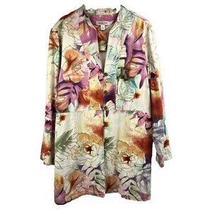 Coldwater Creek Jacket PL Linen Blend Floral Colorful Artsy Button Pockets Light
